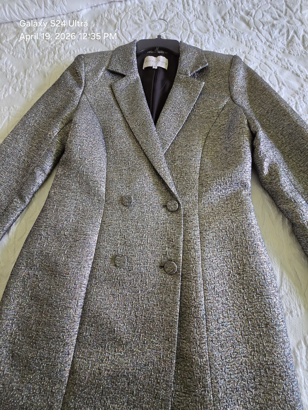 Womens Silver Metallic Double-Breasted Jacket